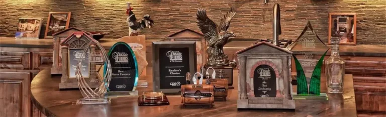 Parade of Homes trophies and plaques, including Realtor's Choice and Best Water Feature awards, on a wood counter before a stacked-stone wall
