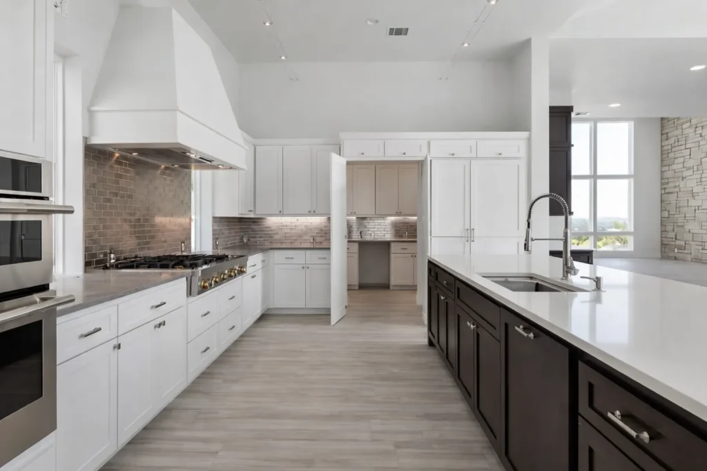 White chef's kitchen with a tall range hood, professional range, butler's pantry and a dark island with quartz counters