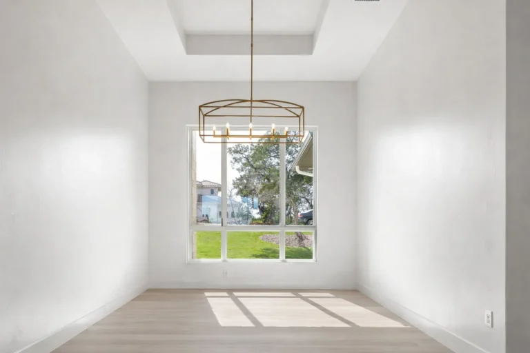 Dining room with a brass lantern chandelier, tray ceiling and tall window overlooking the yard