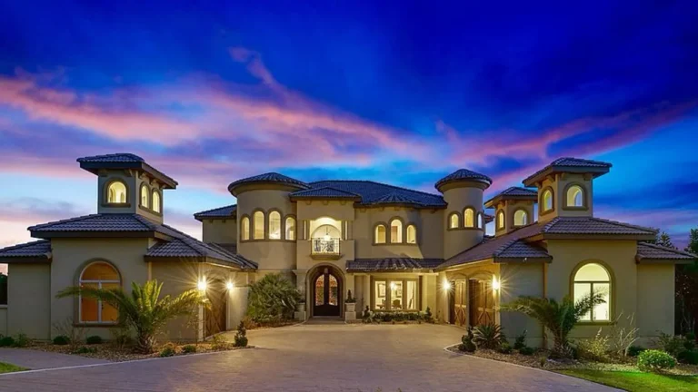 Front elevation of a stucco Mediterranean villa with three towers, arched windows and a lit entry under a pink twilight sky