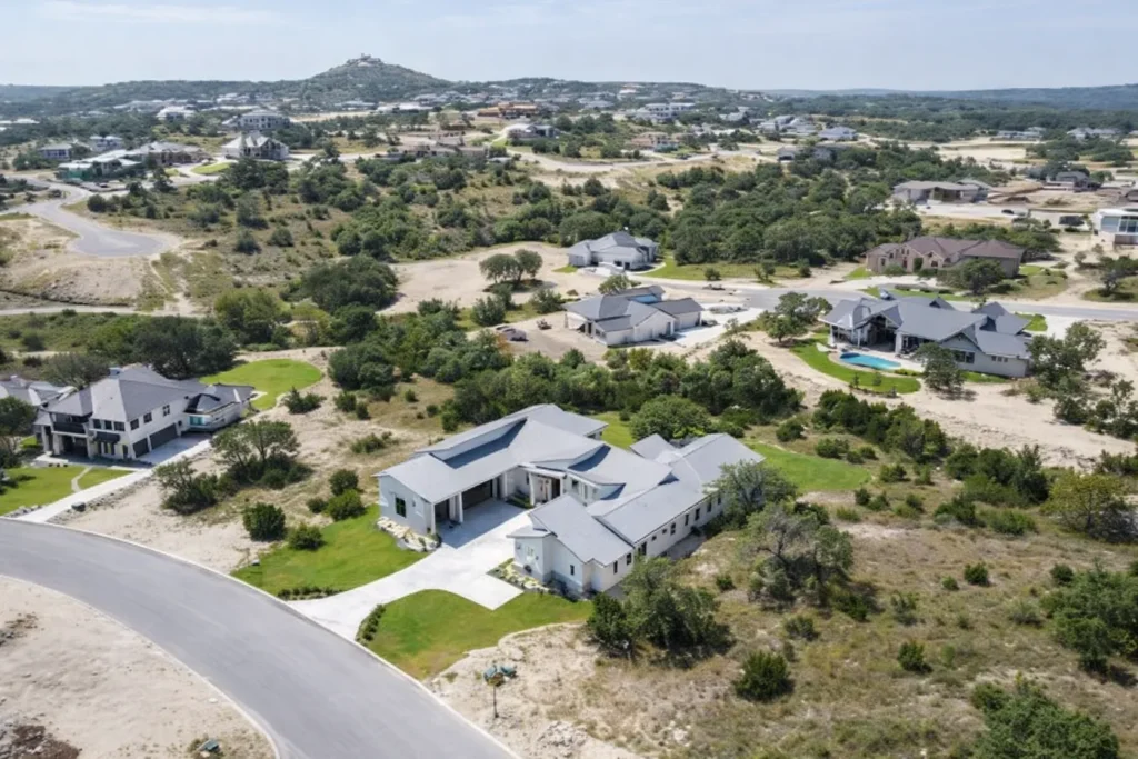 Aerial view of a single-story modern custom home in a new Texas Hill Country community with distant hills