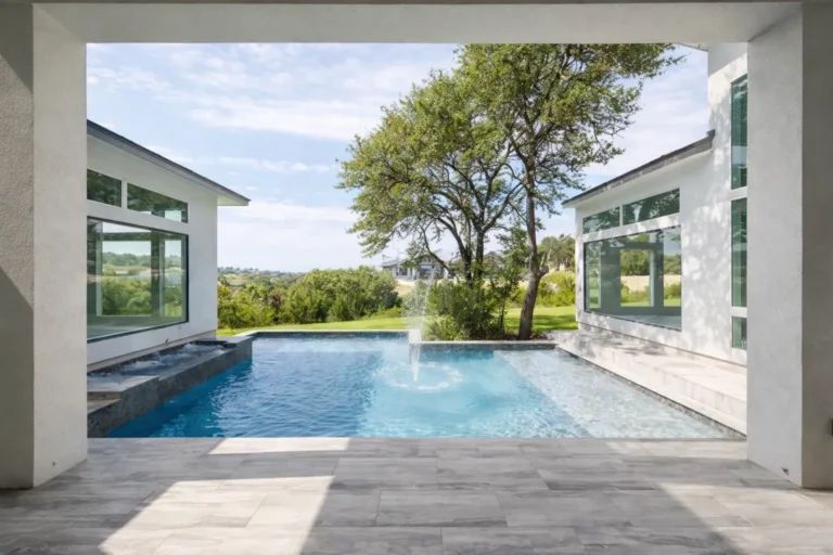 Courtyard pool with fountain jets between two wings of a modern white custom home with Hill Country views