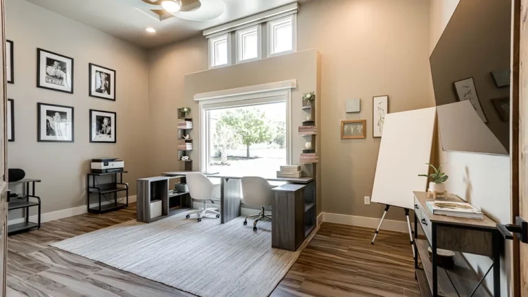 Home office and art studio with black-and-white framed photos, twin desks, an easel and a window to the front yard