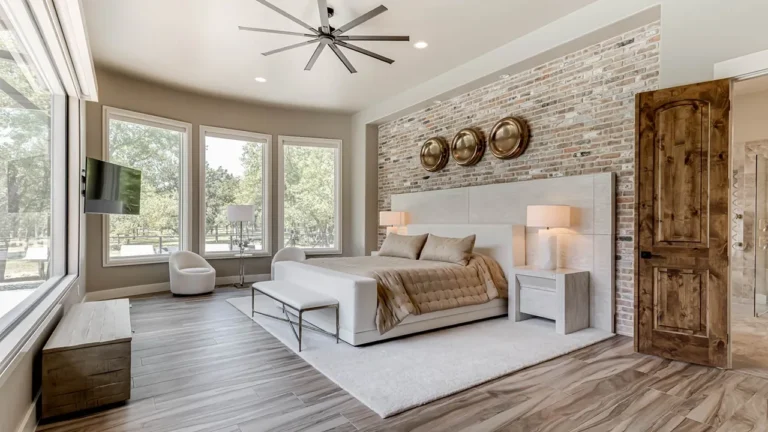 Primary suite with a whitewashed brick accent wall, decorative brass discs, knotty alder door and a bench at the foot of the bed